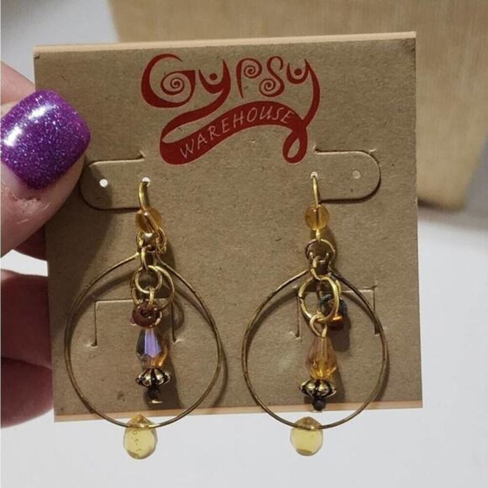 Treska Gypsy Gold Tone Amber Crystal‎ Hoop Dangle Earrings Boho Artisan NEW